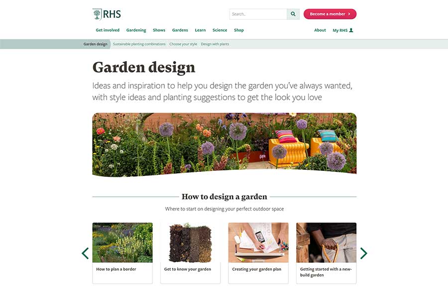 The RHS website showing free resources for designing gardens